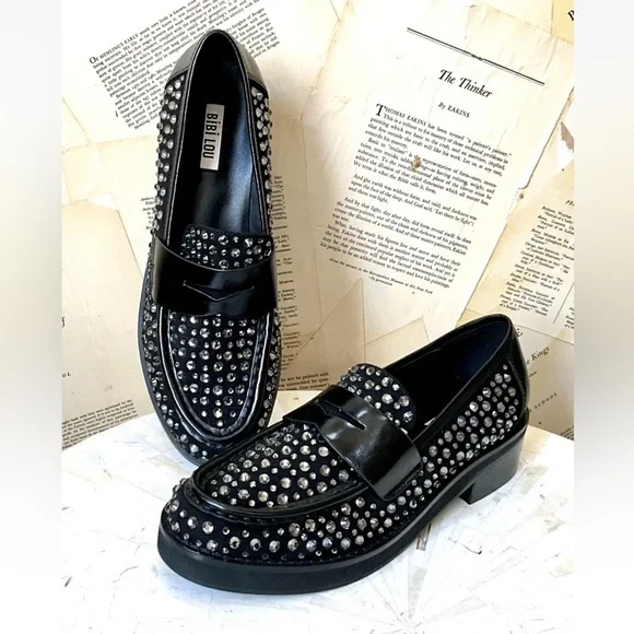 Anthropologie Bibi Lou Jaya Gem Loafers Black Leather Jewels - Picture 1 of 12